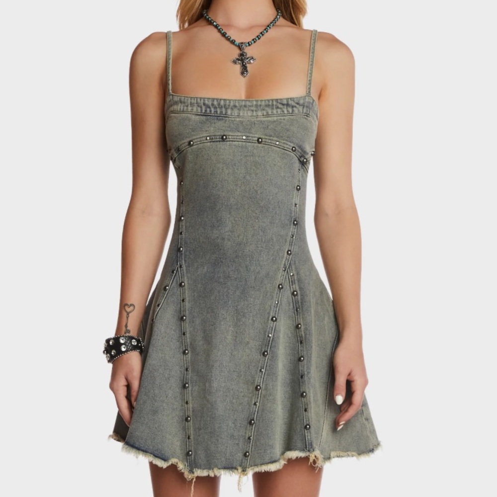 Dolls Kill Olive Green Washed Denim Mini Dress with Stud Details